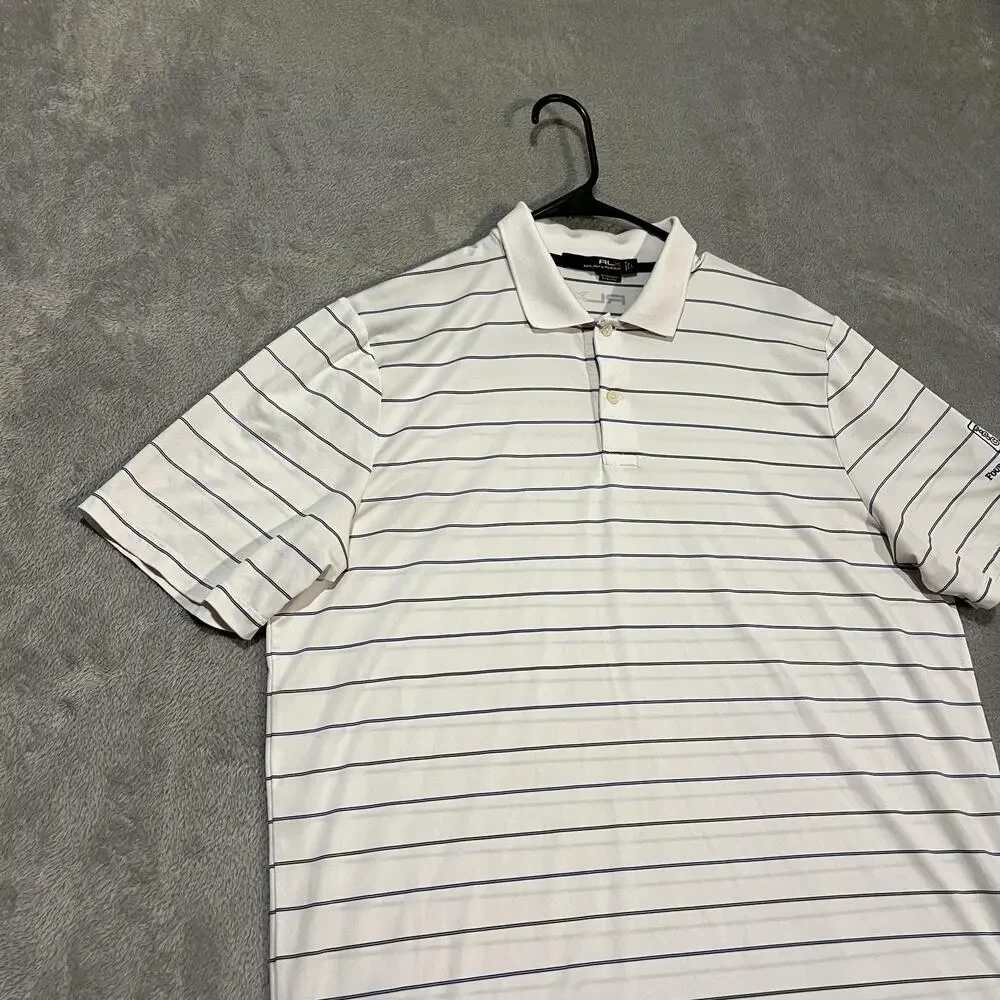 RLX Ralph Lauren Polo Shirt Mens Large White Blue Stripe Golf TPC Four Seasons